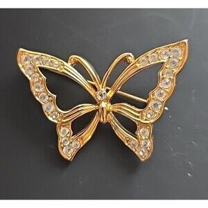 Vintage Monet Butterfly Brooch Gold Tone Rhinestone Pin Signed